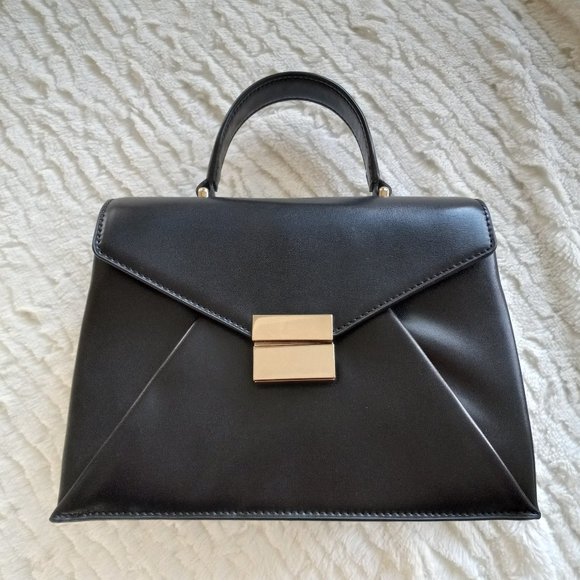 Zara Handbags - Zara Black Faux Leather Crossbody City Bag Gold Details